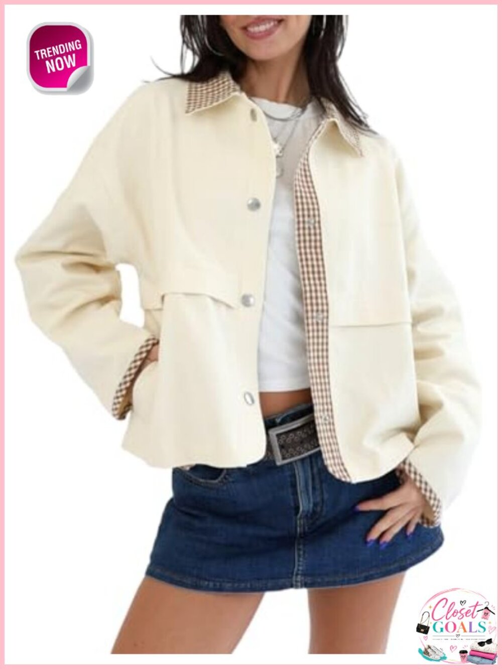 Womens Gingham Cropped Trench Coat Lightweight Lapel Button Jacket